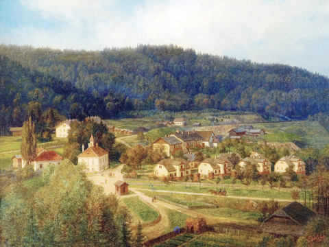 Gemälde der Bergbausiedlung aus 1870