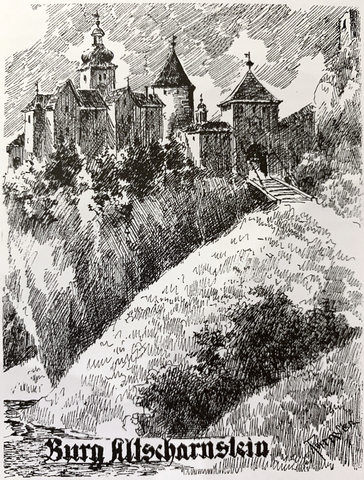 Drawing of Scharnstein Castle with drawbridge