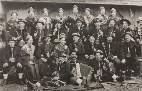 Costumes of the scythe smiths and their wives inherited from the guild tradition, about 1910