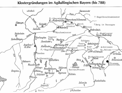 Map of the foundations of the monasteries by the Agilolfinger until AD 788, from local chronicle Altmünster 1992, contribution H. Marchetti, p.82