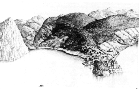 Ausschnitt aus dem 23 m langen Traunpanorama v. Nikolaus Pernlohner (Anfang 17. Jh.) aus F. Mittendorfers Traunkirchen, 1981