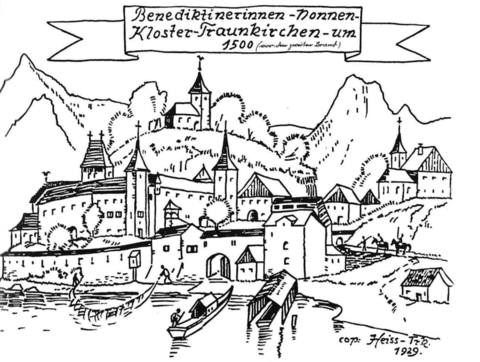 Kloster Traunkirchen um 1500, Zeichnung aus „Traunkirchen, F. Mittendorfer, 1981