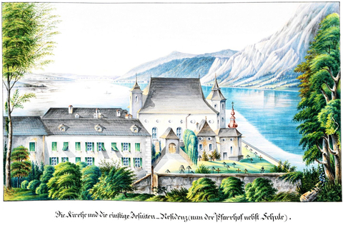 „Die Kirche und die einstige Jesuiten-Residenz, nun der Pfarrhof nebst Schule“ um 1850 von Carl Ritter, aus Stadtarchiv Gmunden, Handschrift 129, OÖLA